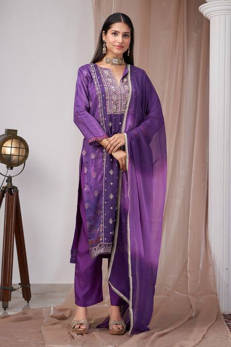 Buy_Amani_Purple Silk, Muslin, Chiffon Mirrors, Pearls Split Paisley Woven Kurta Pant Set _Online_at_Aza_Fashions