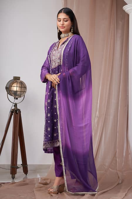 Shop_Amani_Purple Silk, Muslin, Chiffon Mirrors, Pearls Split Paisley Woven Kurta Pant Set _Online_at_Aza_Fashions