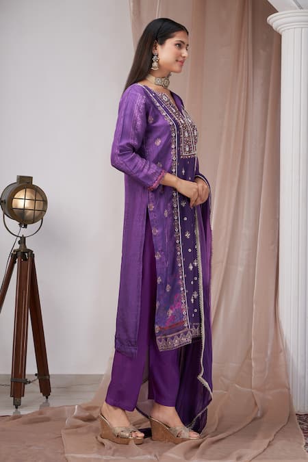 Amani_Purple Silk, Muslin, Chiffon Mirrors, Pearls Split Paisley Woven Kurta Pant Set _at_Aza_Fashions