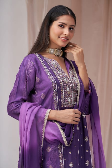Buy_Amani_Purple Silk, Muslin, Chiffon Mirrors, Pearls Split Paisley Woven Kurta Pant Set 