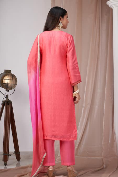 Amani Coral Pink Embroidered Kurta Pant Set 