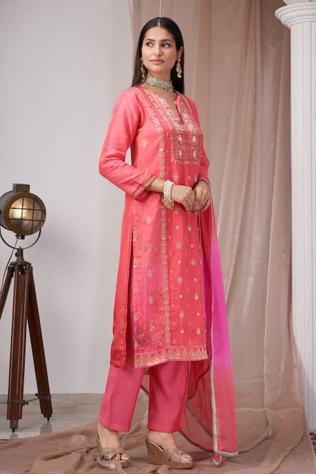 Buy_Amani_Coral Silk, Muslin, Chiffon Mirrors, Pearls Pink Embroidered Kurta Pant Set _Online_at_Aza_Fashions