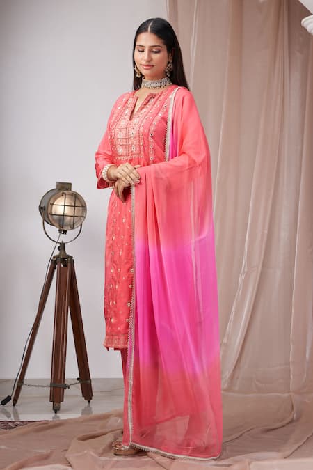 Amani_Coral Silk, Muslin, Chiffon Mirrors, Pearls Pink Embroidered Kurta Pant Set _at_Aza_Fashions