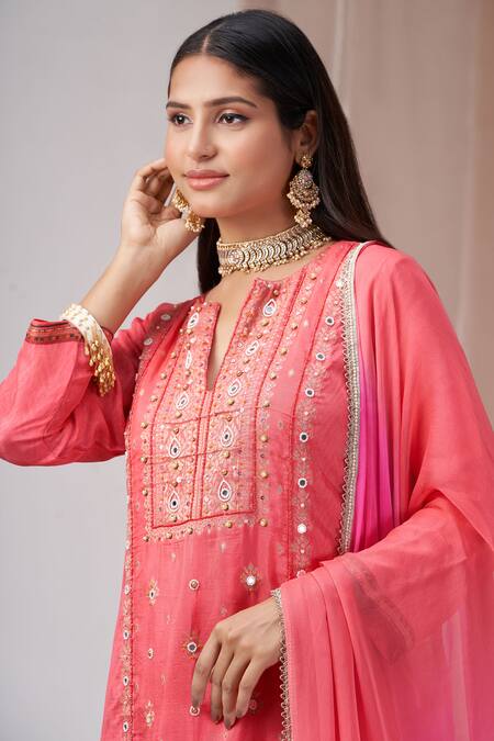 Buy_Amani_Coral Silk, Muslin, Chiffon Mirrors, Pearls Pink Embroidered Kurta Pant Set 