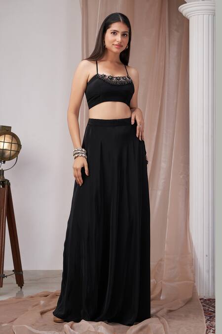 Buy_Amani_Black Crepe, Linen Crystals, Embroidery, Fabric Embellished Blouse And Skirt Set _Online_at_Aza_Fashions
