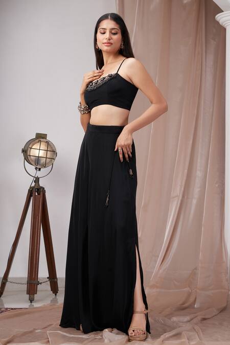 Amani_Black Crepe, Linen Crystals, Embroidery, Fabric Embellished Blouse And Skirt Set _at_Aza_Fashions