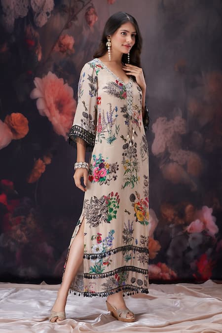 Buy_Amani_Beige Crepe, Silk Tassels V-neck Botanical Print Kaftan Dress _Online_at_Aza_Fashions
