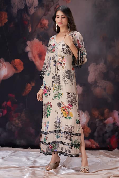 Shop_Amani_Beige Crepe, Silk Tassels V-neck Botanical Print Kaftan Dress _Online_at_Aza_Fashions