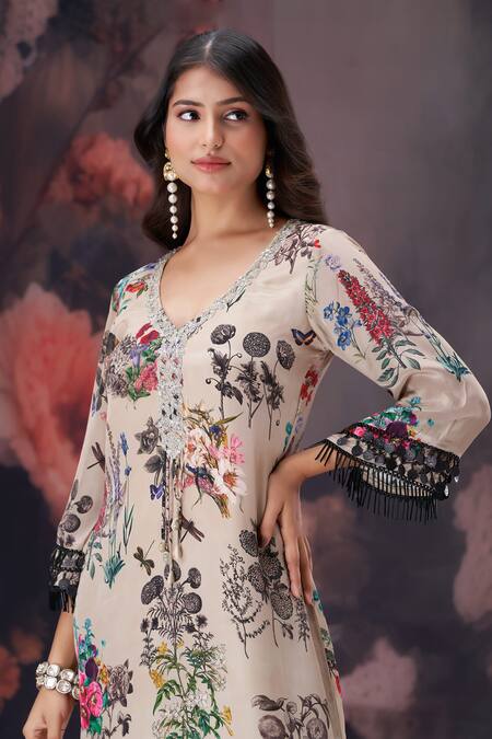 Amani_Beige Crepe, Silk Tassels V-neck Botanical Print Kaftan Dress _at_Aza_Fashions