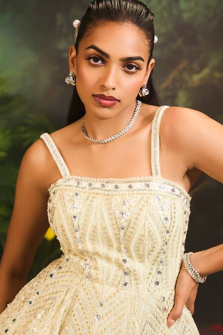 Divya Aggarwal Ivory Organza Sequins Square Neck Embellished Geometric Pattern Dress at Aza Fashions Divya Aggarwal_Ivory Organza Sequins Square Neck Embellished Geometric Pattern Dress _at_Aza_Fashions