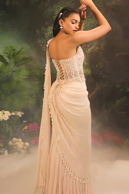 Divya Aggarwal Beige Sequin Embroidered Pre-Draped Saree 