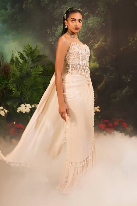 Divya Aggarwal_Beige Tulle, Georgette Pearls, Sequins, Beads Embroidered Pre-draped Saree _Online_at_Aza_Fashions