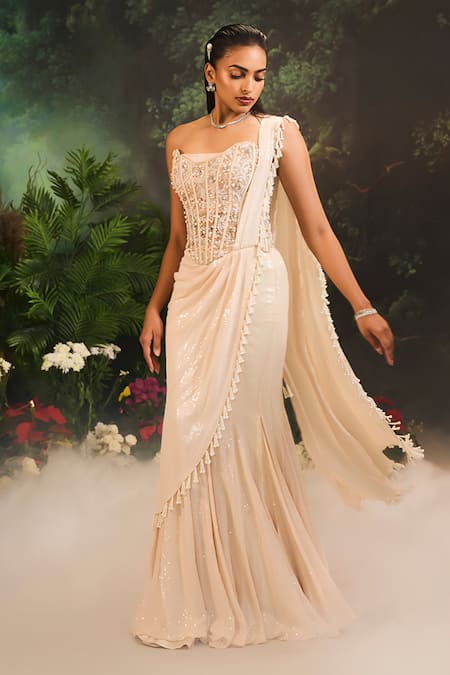 Buy_Divya Aggarwal_Beige Tulle, Georgette Pearls, Sequins, Beads Embroidered Pre-draped Saree _Online_at_Aza_Fashions