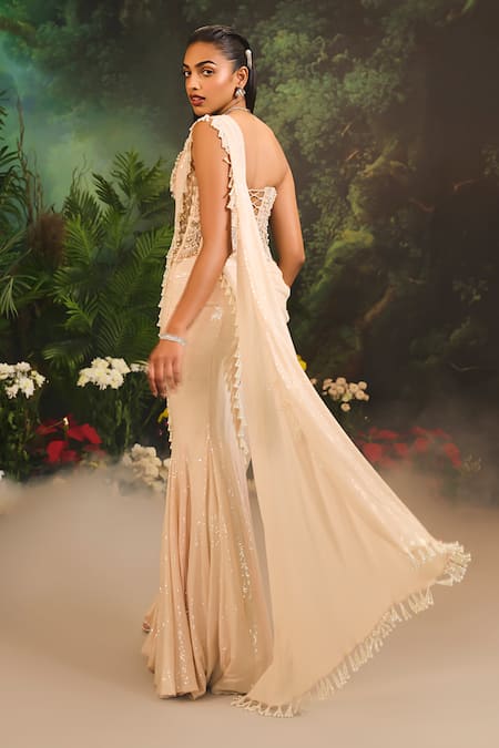 Shop_Divya Aggarwal_Beige Tulle, Georgette Pearls, Sequins, Beads Embroidered Pre-draped Saree _Online_at_Aza_Fashions