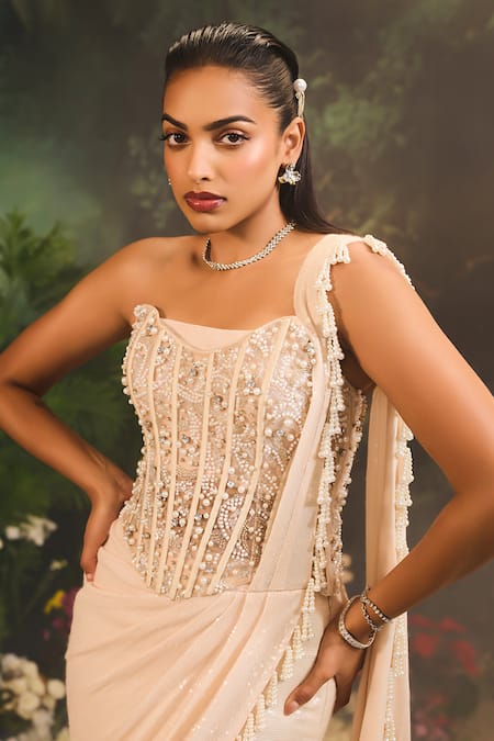 Divya Aggarwal_Beige Tulle, Georgette Pearls, Sequins, Beads Embroidered Pre-draped Saree _at_Aza_Fashions
