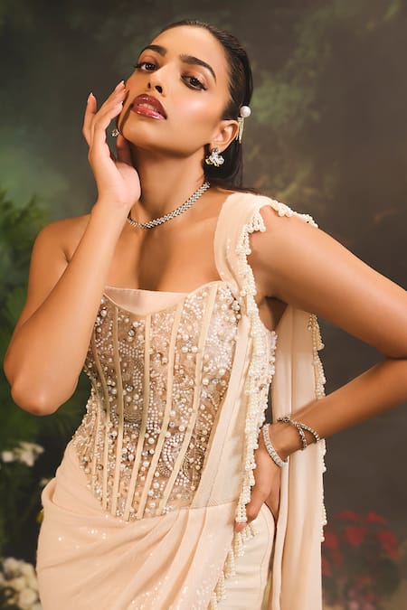 Buy_Divya Aggarwal_Beige Tulle, Georgette Pearls, Sequins, Beads Embroidered Pre-draped Saree 