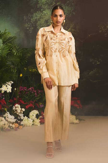 Buy Divya Aggarwal Beige Denim Beads Collared Embroidered Floral Cutwork Pant Set Online at Aza Fashions Buy_Divya Aggarwal_Beige Denim Beads Collared Embroidered Floral Cutwork Pant Set _Online_at_Aza_Fashions