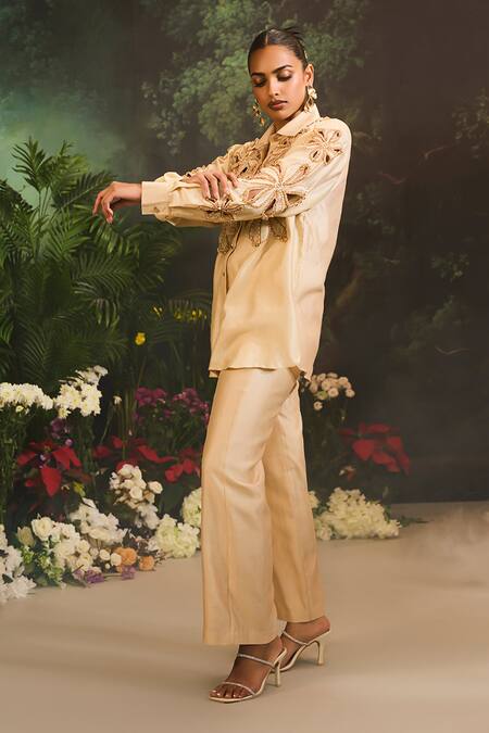 Shop Divya Aggarwal Beige Denim Beads Collared Embroidered Floral Cutwork Pant Set Online at Aza Fashions Shop_Divya Aggarwal_Beige Denim Beads Collared Embroidered Floral Cutwork Pant Set _Online_at_Aza_Fashions