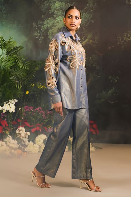 Divya Aggarwal_Blue Denim Beads Collared Floral Cutwork Shirt And Pant Set _Online_at_Aza_Fashions