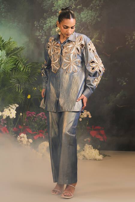 Buy_Divya Aggarwal_Blue Denim Beads Collared Floral Cutwork Shirt And Pant Set _Online_at_Aza_Fashions