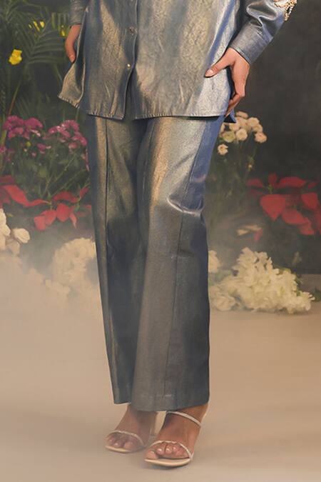 Shop_Divya Aggarwal_Blue Denim Beads Collared Floral Cutwork Shirt And Pant Set _Online_at_Aza_Fashions