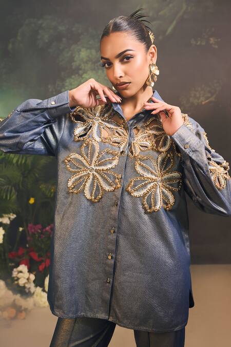 Divya Aggarwal_Blue Denim Beads Collared Floral Cutwork Shirt And Pant Set _at_Aza_Fashions