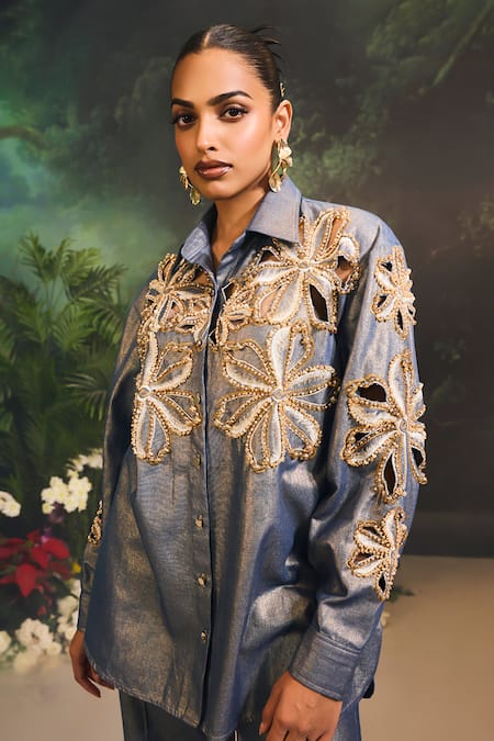 Buy_Divya Aggarwal_Blue Denim Beads Collared Floral Cutwork Shirt And Pant Set 