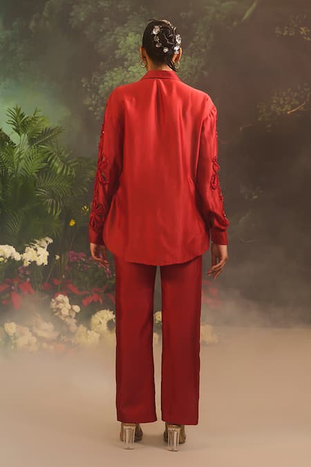 Divya Aggarwal Red Floral Cutwork Embroidered Shirt & Pant Set 