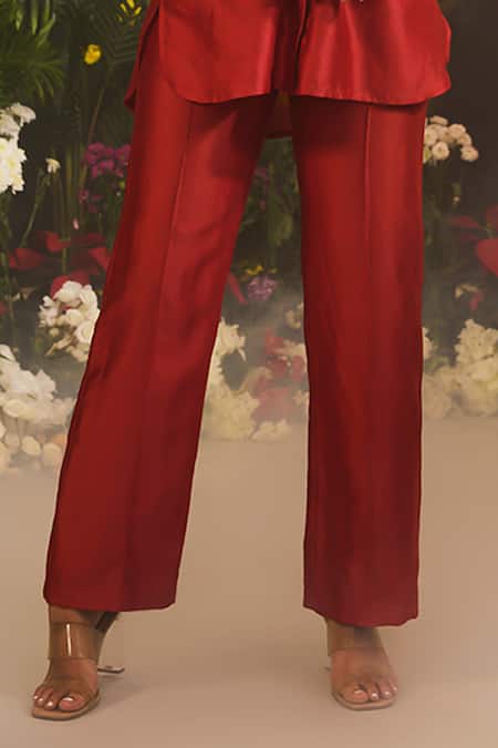 Divya Aggarwal Red Denim Beads Collared Floral Cutwork Embroidered Shirt And Pant Set Online at Aza Fashions Divya Aggarwal_Red Denim Beads Collared Floral Cutwork Embroidered Shirt And Pant Set _Online_at_Aza_Fashions