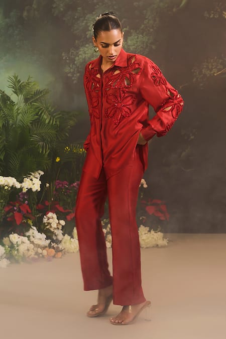 Buy Divya Aggarwal Red Denim Beads Collared Floral Cutwork Embroidered Shirt And Pant Set Online at Aza Fashions Buy_Divya Aggarwal_Red Denim Beads Collared Floral Cutwork Embroidered Shirt And Pant Set _Online_at_Aza_Fashions