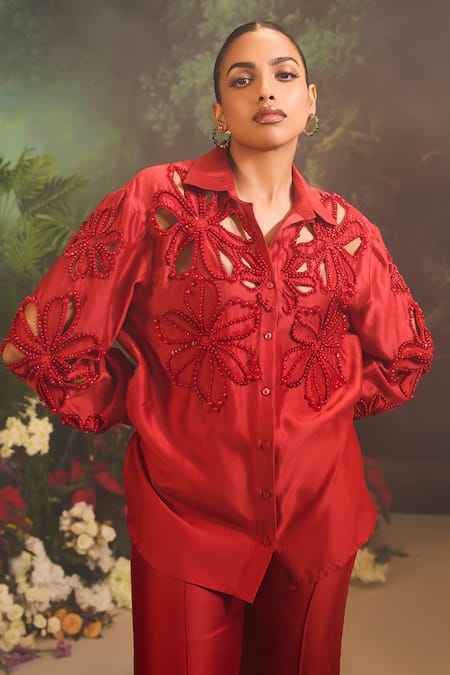 Divya Aggarwal Red Denim Beads Collared Floral Cutwork Embroidered Shirt And Pant Set at Aza Fashions Divya Aggarwal_Red Denim Beads Collared Floral Cutwork Embroidered Shirt And Pant Set _at_Aza_Fashions