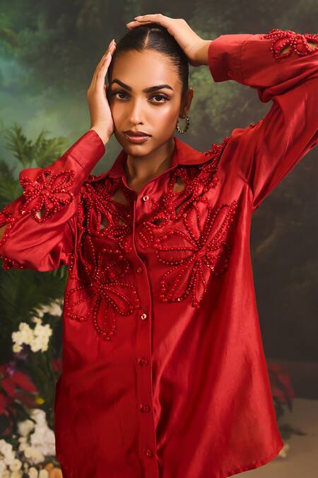 Buy Divya Aggarwal Red Denim Beads Collared Floral Cutwork Embroidered Shirt And Pant Set Buy_Divya Aggarwal_Red Denim Beads Collared Floral Cutwork Embroidered Shirt And Pant Set