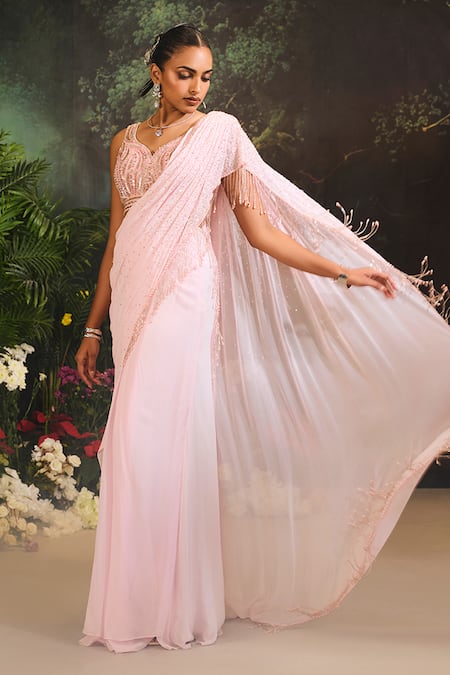 Divya Aggarwal_Pink Satin, Georgette Sequins, Tassels Embellished Pre-draped Saree And Blouse _Online_at_Aza_Fashions