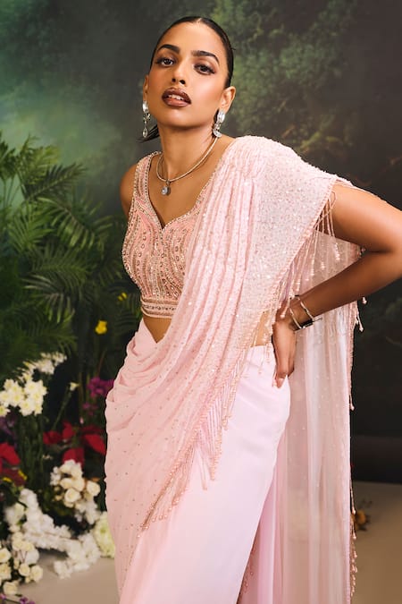 Divya Aggarwal_Pink Satin, Georgette Sequins, Tassels Embellished Pre-draped Saree And Blouse _at_Aza_Fashions