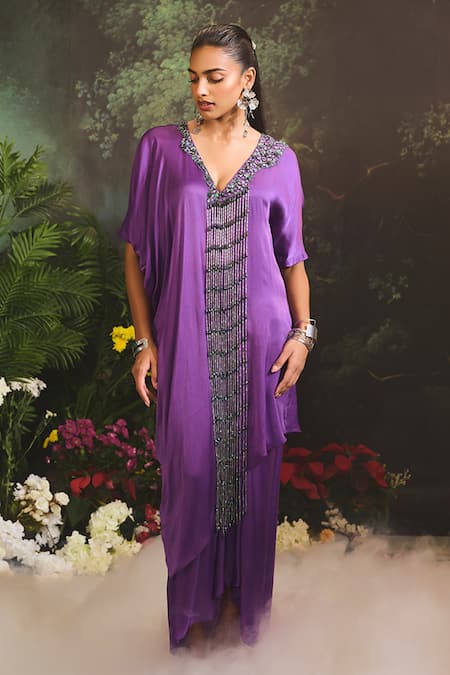Divya Aggarwal_Purple Satin, Georgette Beads, Tassels Plunge Asymmetric Kurta And Draped Skirt _Online_at_Aza_Fashions