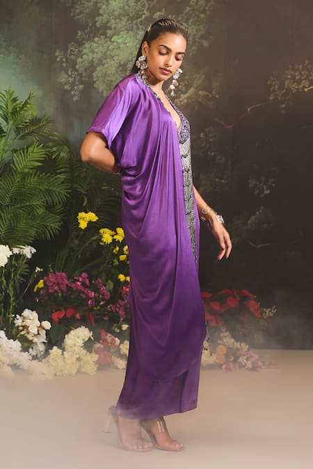 Buy_Divya Aggarwal_Purple Satin, Georgette Beads, Tassels Plunge Asymmetric Kurta And Draped Skirt _Online_at_Aza_Fashions