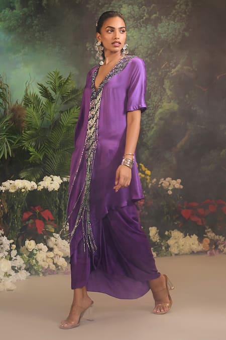 Shop_Divya Aggarwal_Purple Satin, Georgette Beads, Tassels Plunge Asymmetric Kurta And Draped Skirt _Online_at_Aza_Fashions