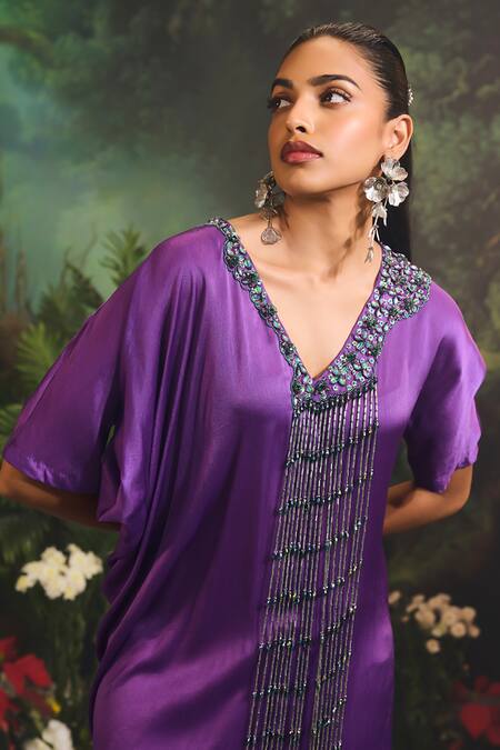 Buy_Divya Aggarwal_Purple Satin, Georgette Beads, Tassels Plunge Asymmetric Kurta And Draped Skirt 