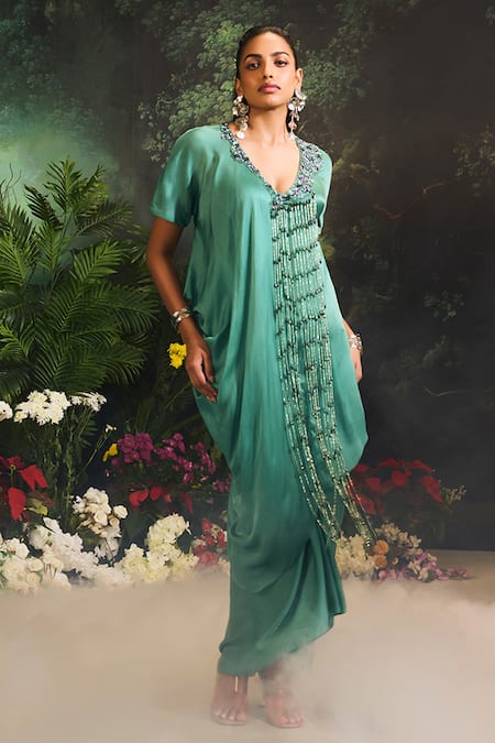 Buy_Divya Aggarwal_Green Satin, Georgette Beads, Teal Asymmetric Kurta Set With Draped Skirt _Online_at_Aza_Fashions