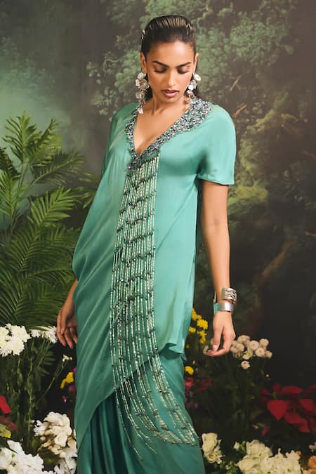 Shop_Divya Aggarwal_Green Satin, Georgette Beads, Teal Asymmetric Kurta Set With Draped Skirt _Online_at_Aza_Fashions