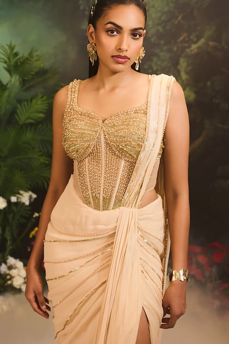 Divya Aggarwal_Beige Satin, Georgette Beads, Sequins Embellished Pre-draped Saree And Corset _Online_at_Aza_Fashions