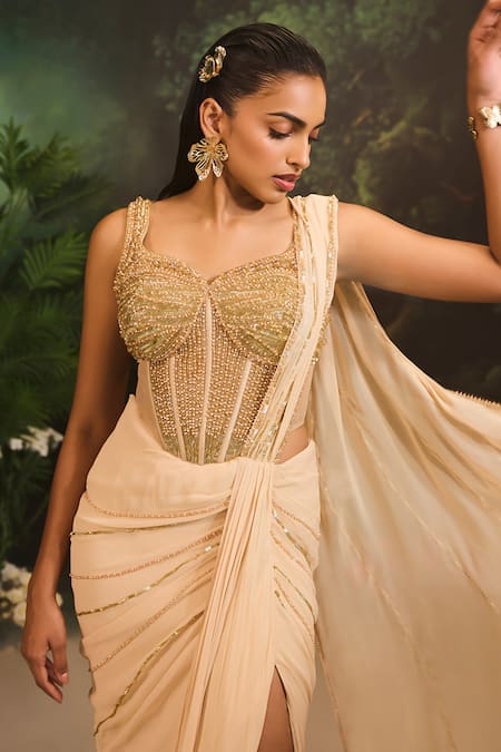 Buy_Divya Aggarwal_Beige Satin, Georgette Beads, Sequins Embellished Pre-draped Saree And Corset _Online_at_Aza_Fashions
