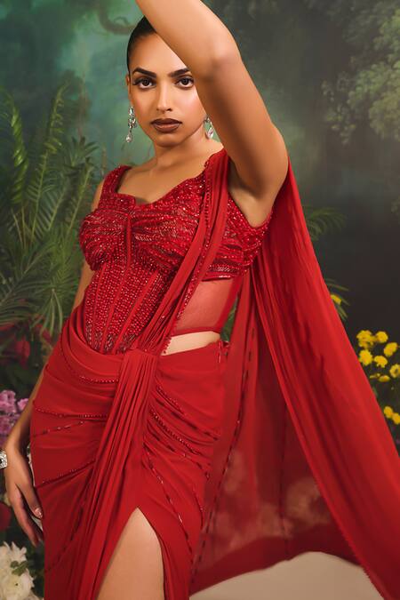 Divya Aggarwal_Red Satin, Georgette Beads, Sequins Embellished Pre-draped Saree And Corset Set _at_Aza_Fashions