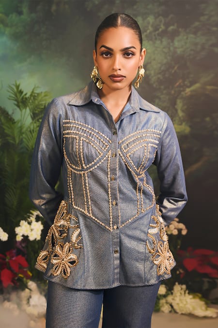 Shop_Divya Aggarwal_Blue Denim, Cotton Embroidery, Zari Floral Embellished Shirt And Pant Set _Online_at_Aza_Fashions