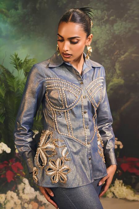 Divya Aggarwal_Blue Denim, Cotton Embroidery, Zari Floral Embellished Shirt And Pant Set _at_Aza_Fashions