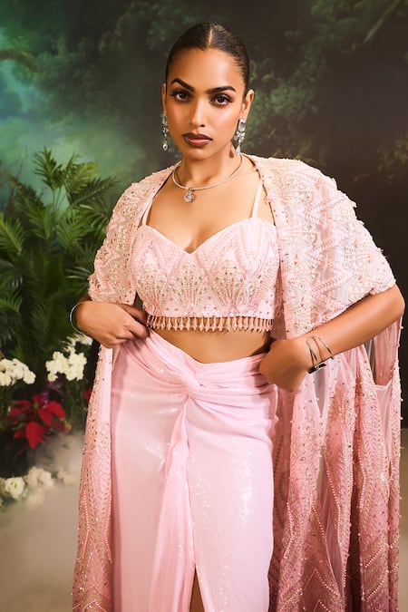 Divya Aggarwal_Pink Organza, Georgette Crystals, Sequins Sweetheart Neck Ombre Cape Skirt Set _Online_at_Aza_Fashions
