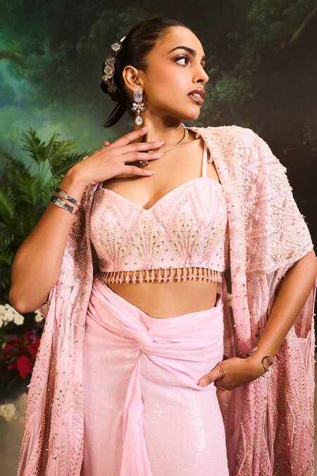 Buy_Divya Aggarwal_Pink Organza, Georgette Crystals, Sequins Sweetheart Neck Ombre Cape Skirt Set _Online_at_Aza_Fashions