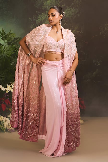 Shop_Divya Aggarwal_Pink Organza, Georgette Crystals, Sequins Sweetheart Neck Ombre Cape Skirt Set _Online_at_Aza_Fashions