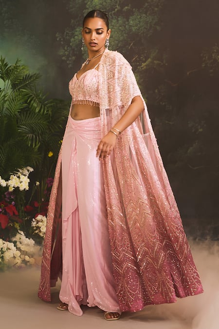 Divya Aggarwal_Pink Organza, Georgette Crystals, Sequins Sweetheart Neck Ombre Cape Skirt Set _at_Aza_Fashions