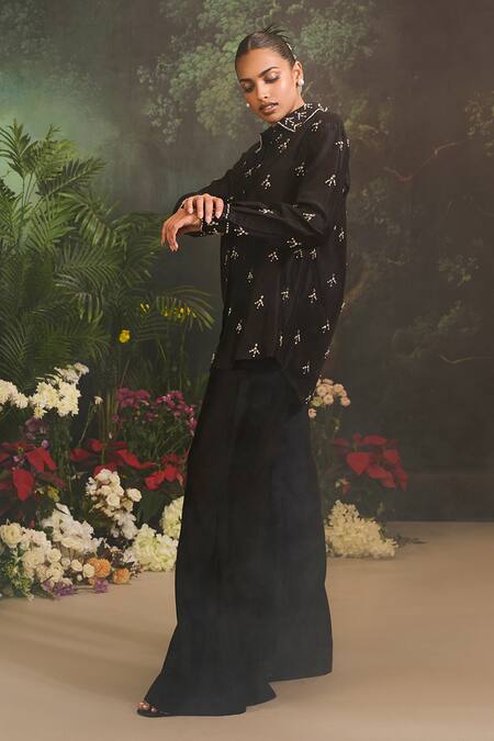 Buy Divya Aggarwal Black Denim Crystals, Embroidery Geometric Embellished Shirt And Pant Set Online at Aza Fashions Buy_Divya Aggarwal_Black Denim Crystals, Embroidery Geometric Embellished Shirt And Pant Set _Online_at_Aza_Fashions